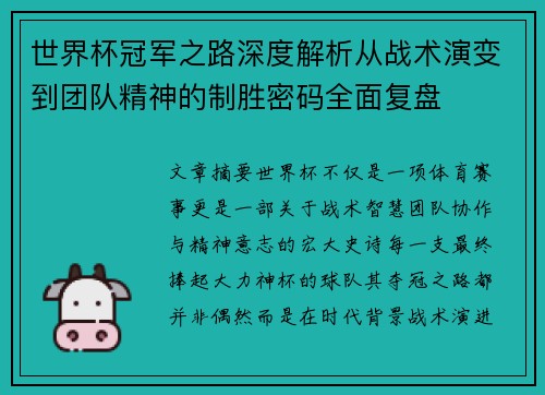 世界杯冠军之路深度解析从战术演变到团队精神的制胜密码全面复盘 世界杯冠军之路深度解析从战术演变到团队精神的制胜密码全面复盘