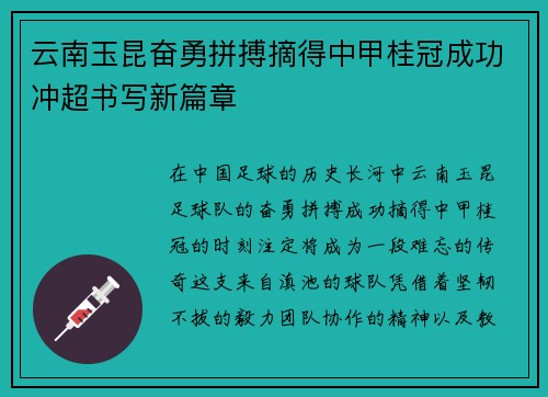 云南玉昆奋勇拼搏摘得中甲桂冠成功冲超书写新篇章
