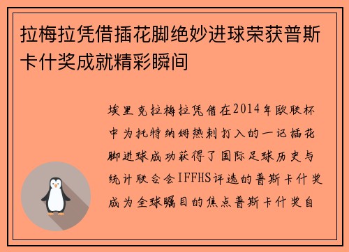 拉梅拉凭借插花脚绝妙进球荣获普斯卡什奖成就精彩瞬间