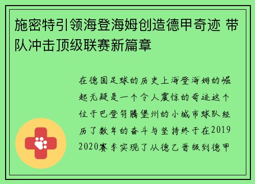 施密特引领海登海姆创造德甲奇迹 带队冲击顶级联赛新篇章